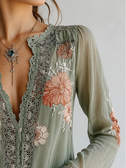 Lazy Afternoon Floral Lace Blouse — Sheer Boho Top for Golden Hour Escapes