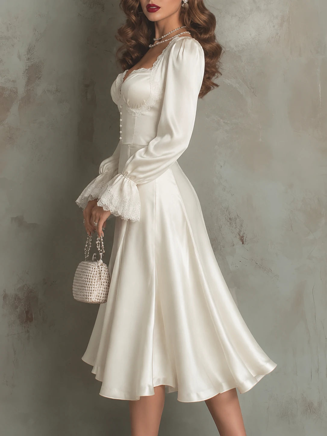 Vintage Lace Trim Polyester Satin Midi Dress