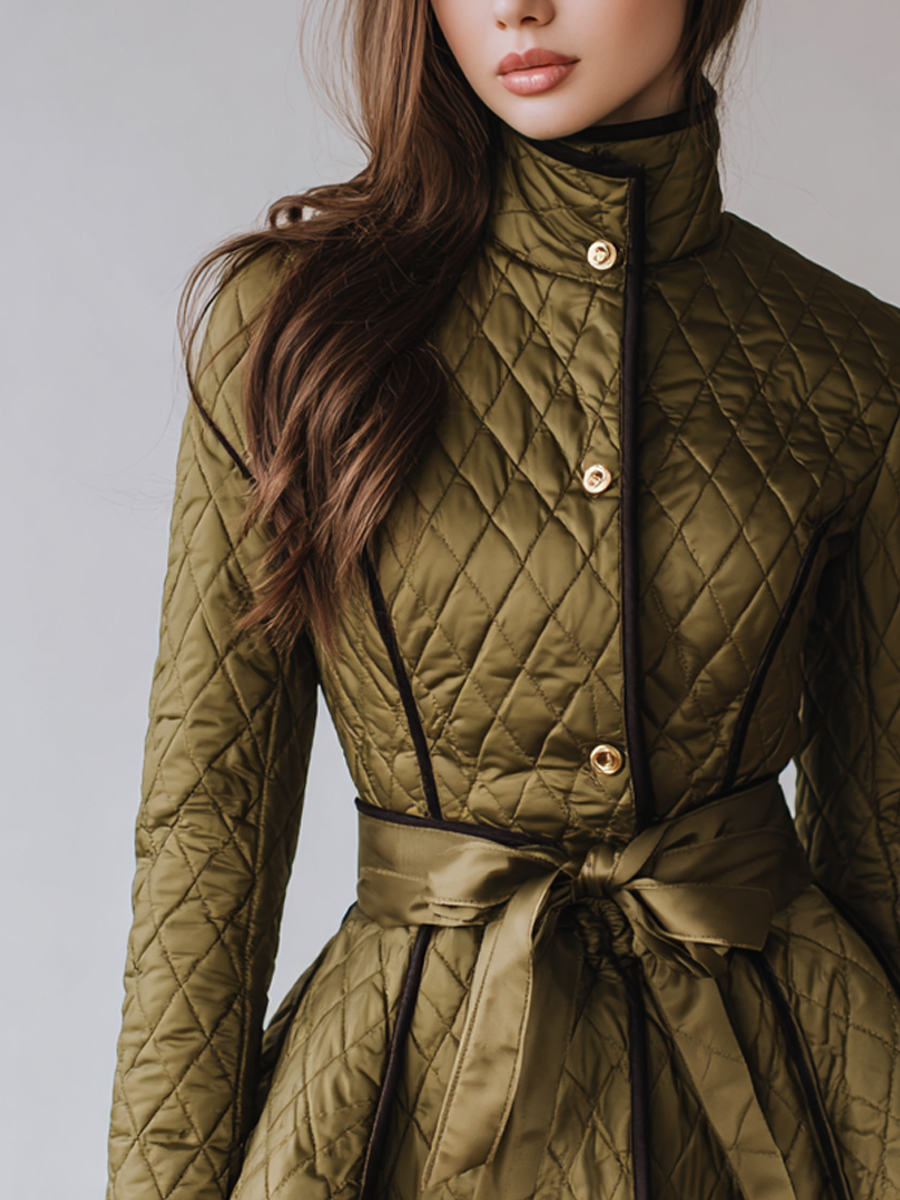 Retro Stand Collar Ruffle Hem Quilted Jacket