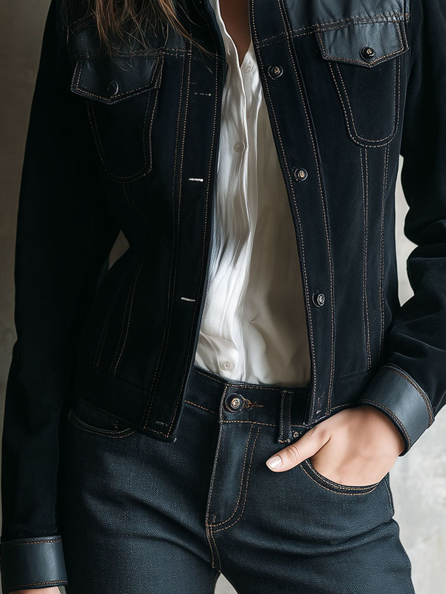 Chic Microsuede And Eco Leather Patchwork Jacket With Contrast Stitching