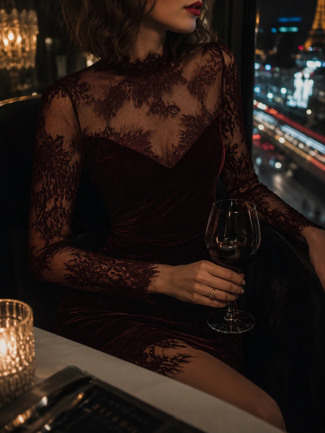 Vintage Lace Trim Polyester Velvet Mini Dress