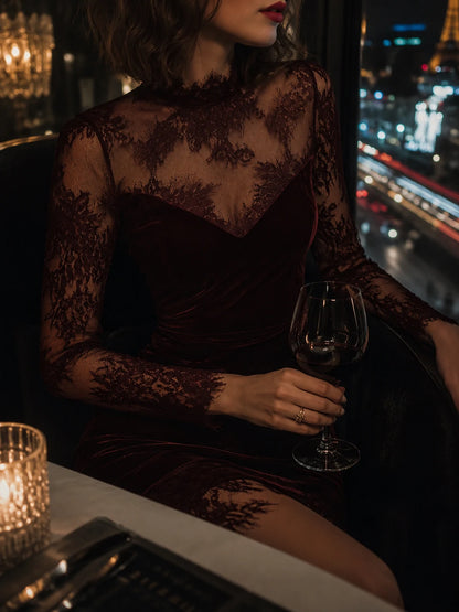 Vintage Lace Trim Polyester Velvet Mini Dress