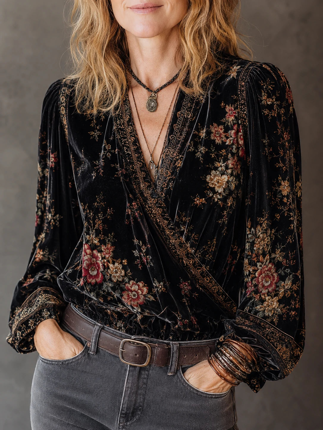 Black Velvet Floral Surplice Wrap Blouse