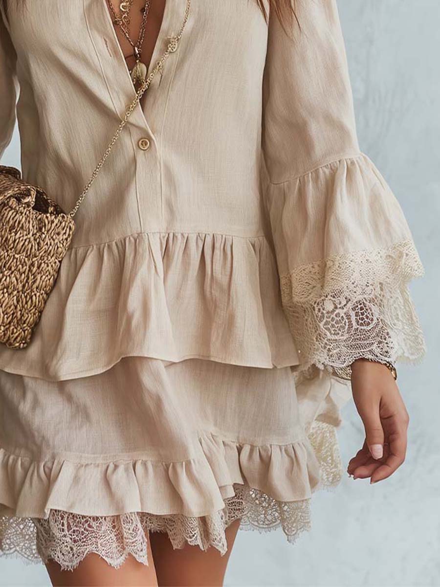 Vintage Boho Lace Trim Cotton Linen Mini Dress