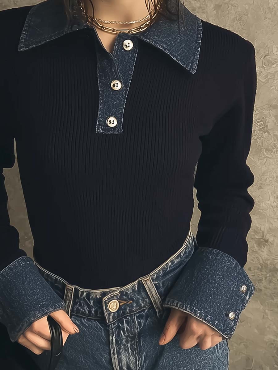 Retro Denim Collar Knit Polo Shirt