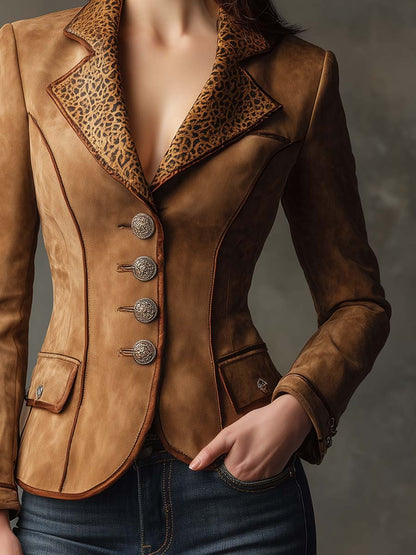 Retro Leopard Print Collar With Contrasting Trim On Polyester Suede Blazer