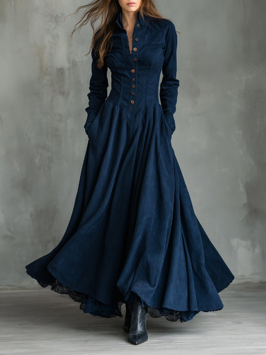 Quiet Luxury Shirt Collar Suede Slim Fit Maxi Dress