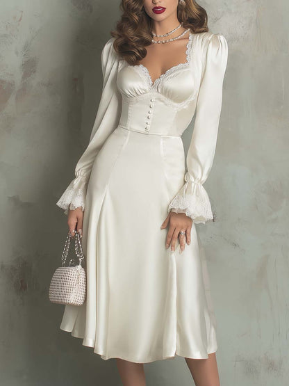 Vintage Lace Trim Polyester Satin Midi Dress
