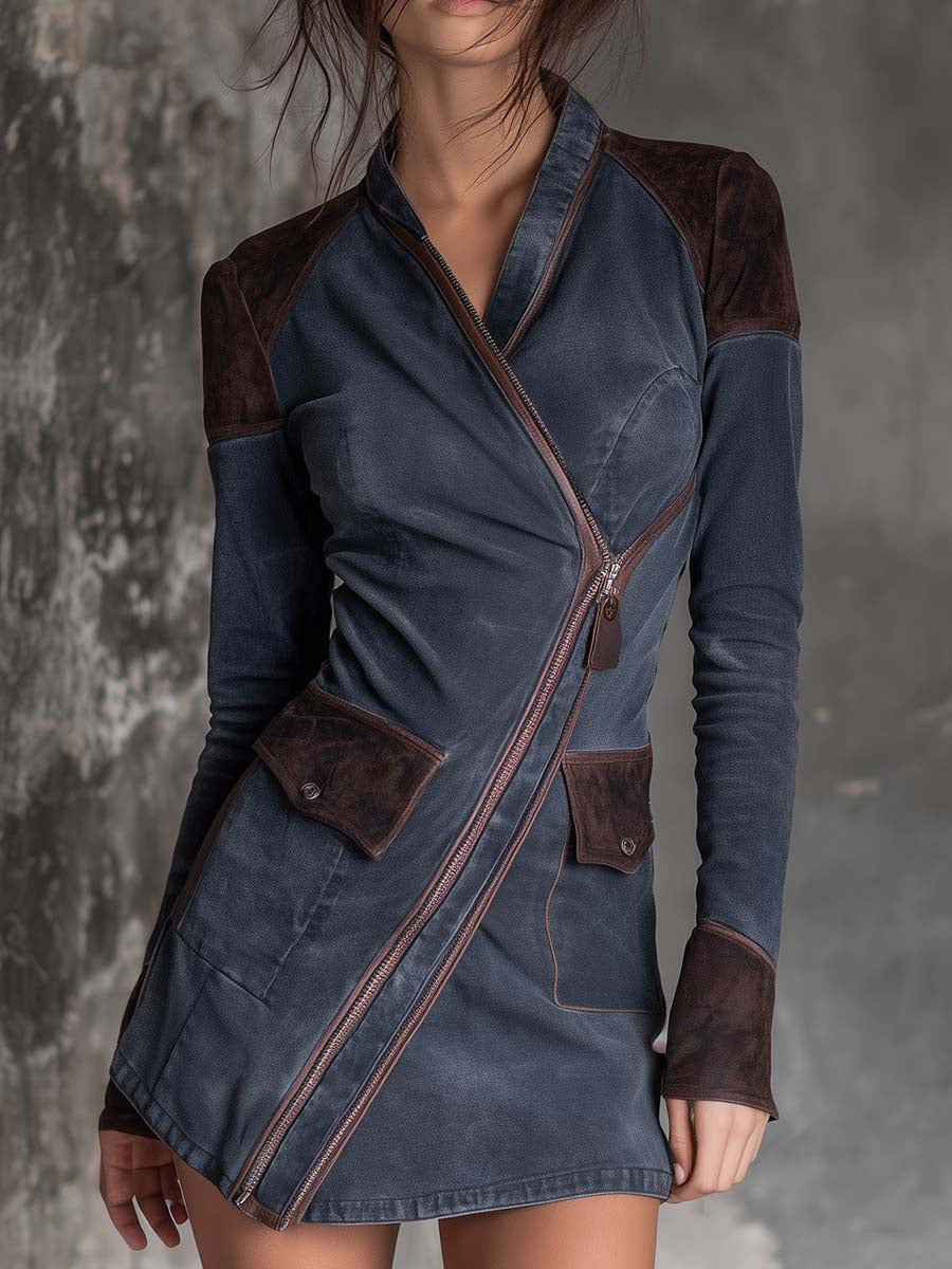 Vintage Washed Patchwork Asymmetrical Zipper Denim Mini Dress