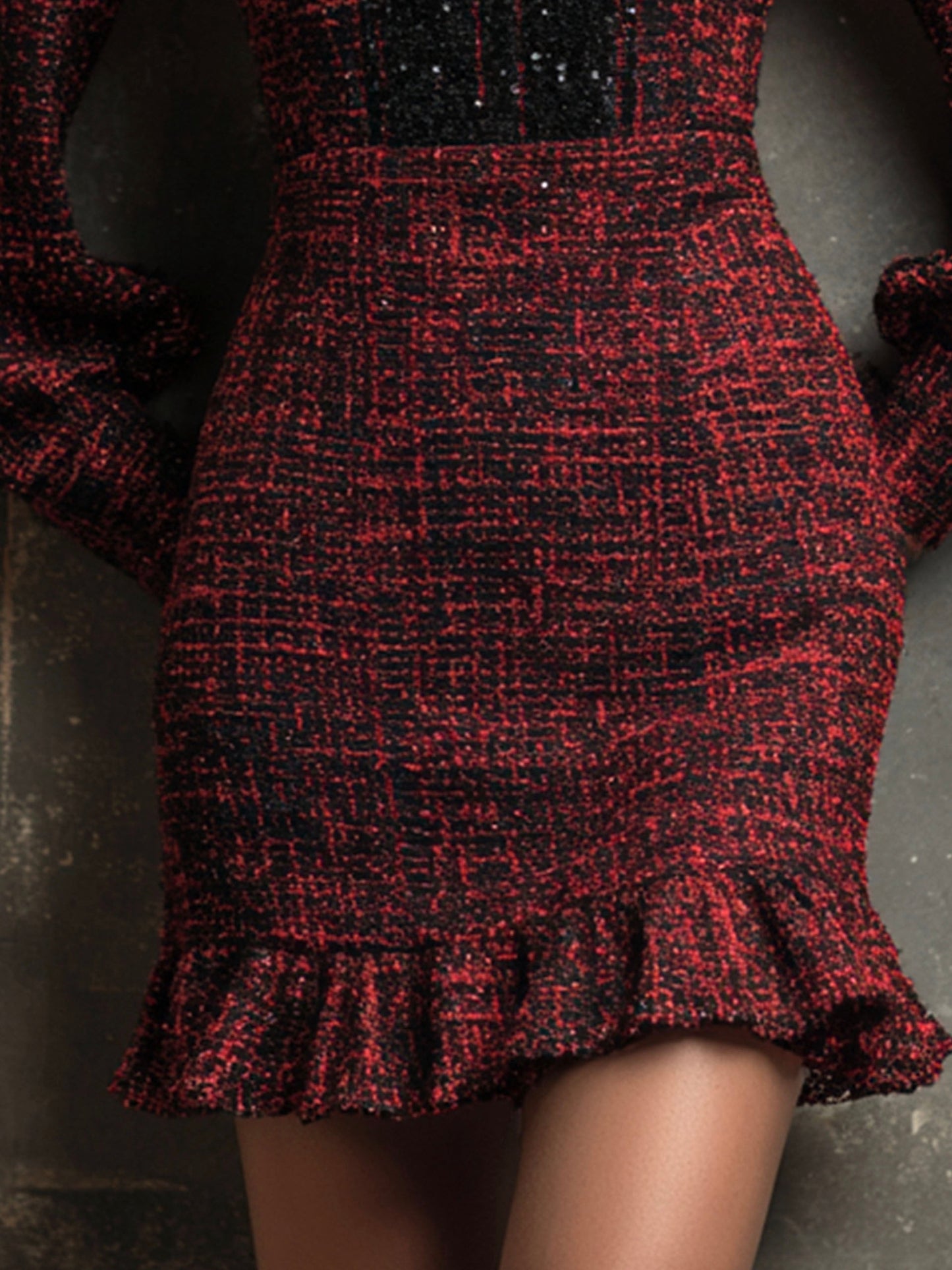 Elegant Red And Black Tweed Sequin Panel Mini Dress WithRuffled Hem