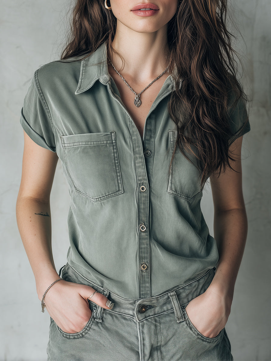 Bohemian Washed Slim Fit Short Sleeve Blouse