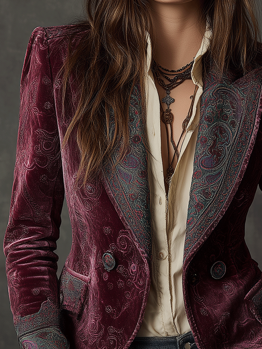 Vintage Burgundy Velvet Paisley Trim Blazer