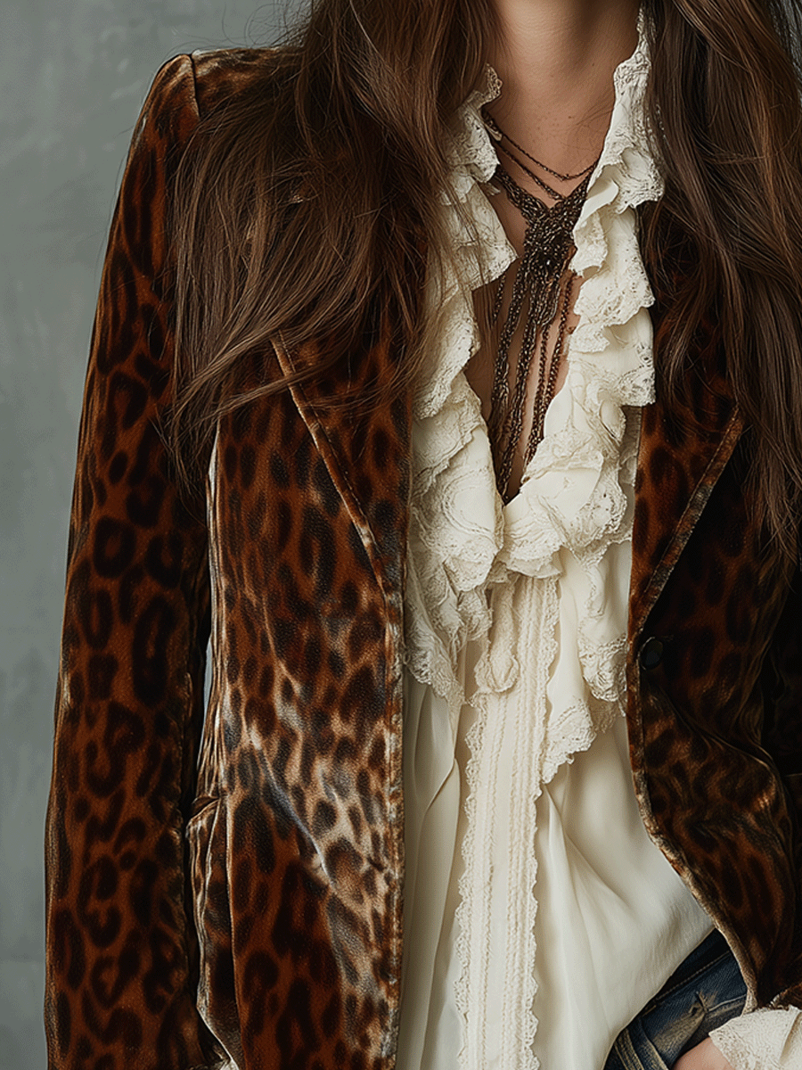Retro Leopard Pattern Boho Charm Velvet Blazer