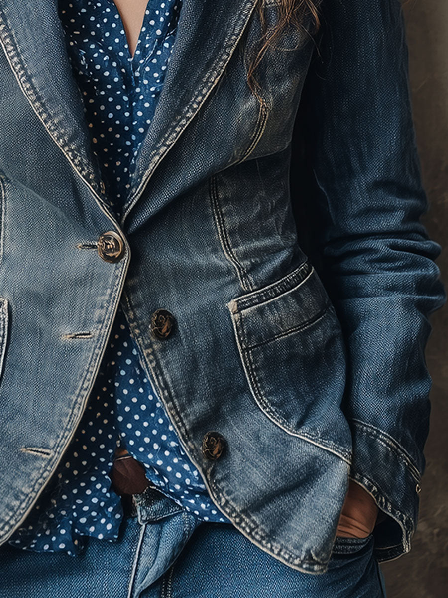 Retro Washed Distressed Lapel Denim Blazer
