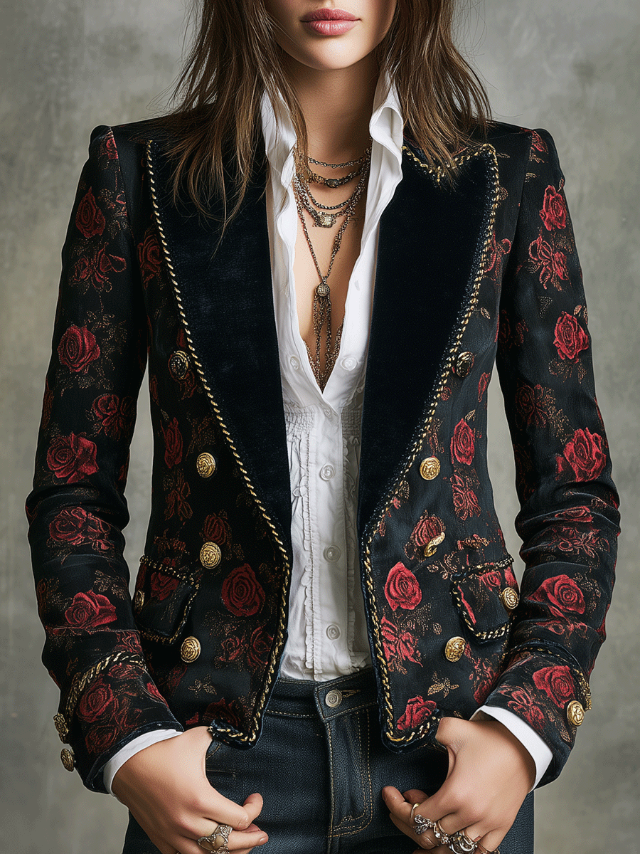 Vintage Black Velvet Red Rose Pattern And Gold Buttons Blazer