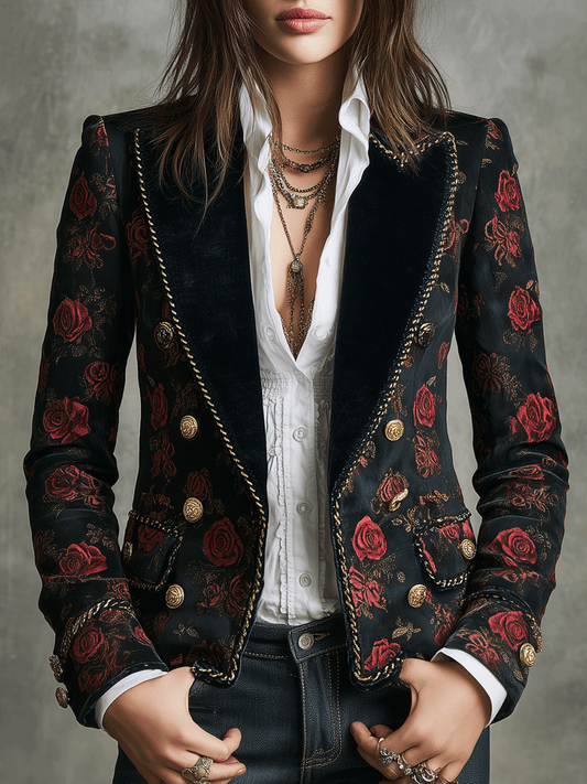 Vintage Black Velvet Red Rose Pattern And Gold Buttons Blazer