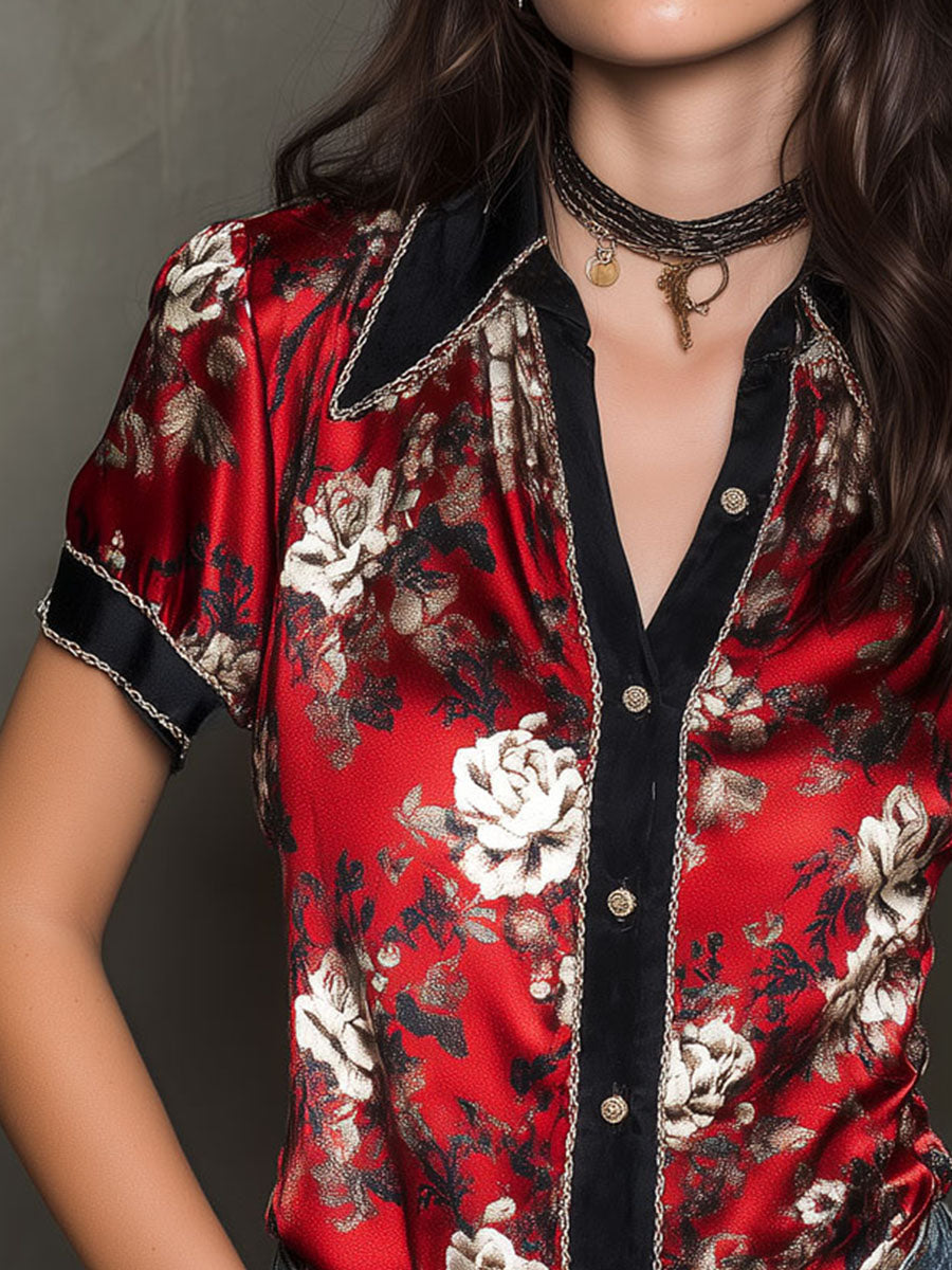 Vintage Red Floral Print Satin Blouse With Contrast Trim