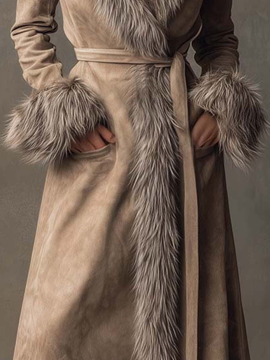 Toffee Cream Eco-friendly Suede Long Coat With Faux Fur Trim And Belt