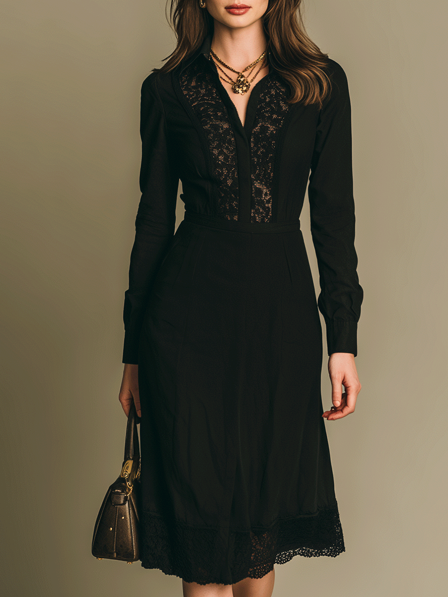 Vintage Elegant Black Lace Panel Midi Dress