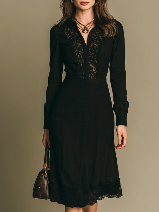 Vintage Elegant Black Lace Panel Midi Dress