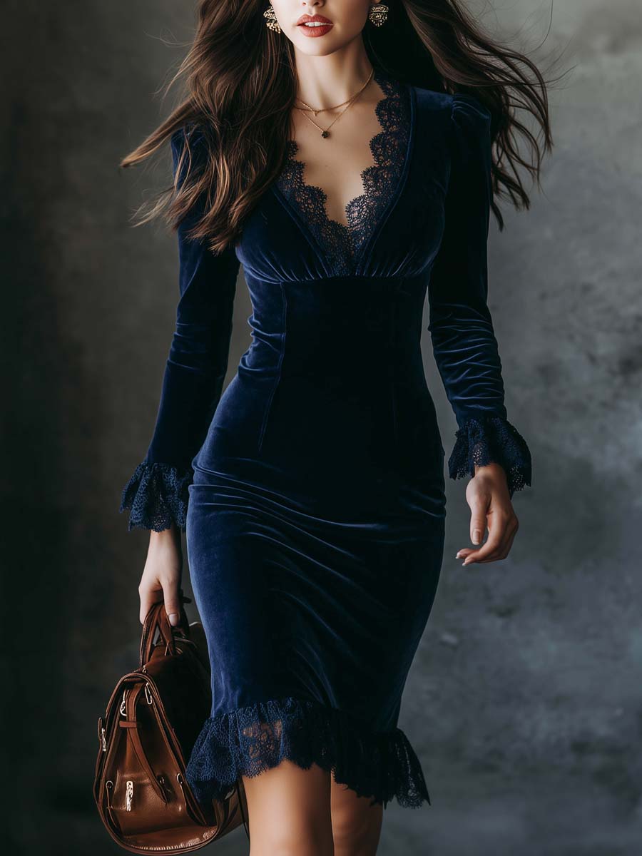 Vintage Lace Trim Polyester Velvet Mini Dress