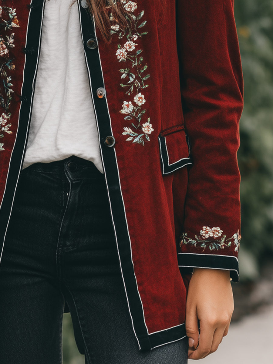 Vintage Contrasting Trim Embroidered Velvet Jacket