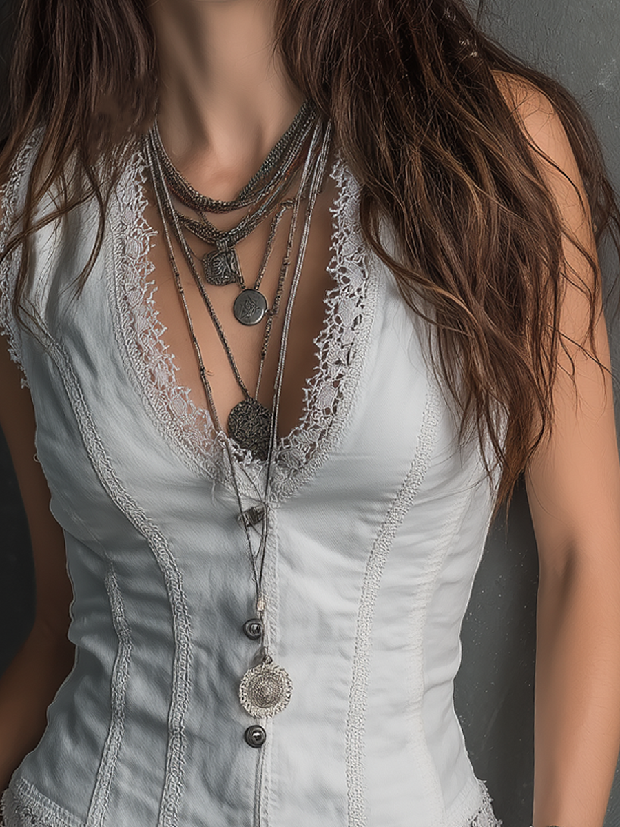 Vintage Slim Fit Lace Trim Vest