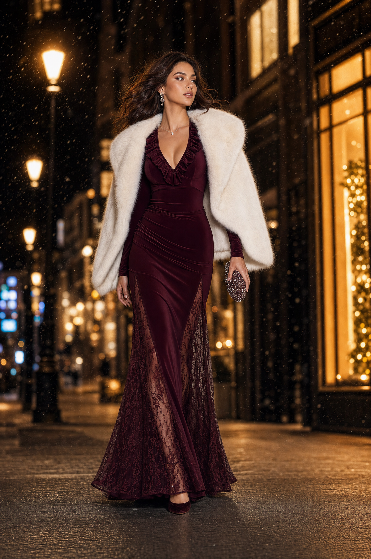 Elegant Ruffle V-Neck Long Sleeve Lace Panel Velvet Maxi Dress