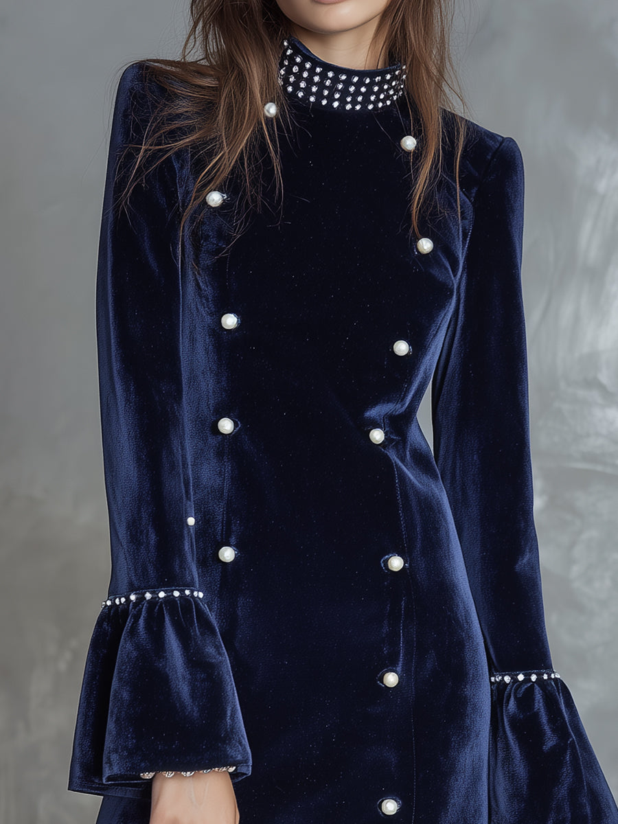 Retro Luxury Velvet Pearl Decorated Mini Dress