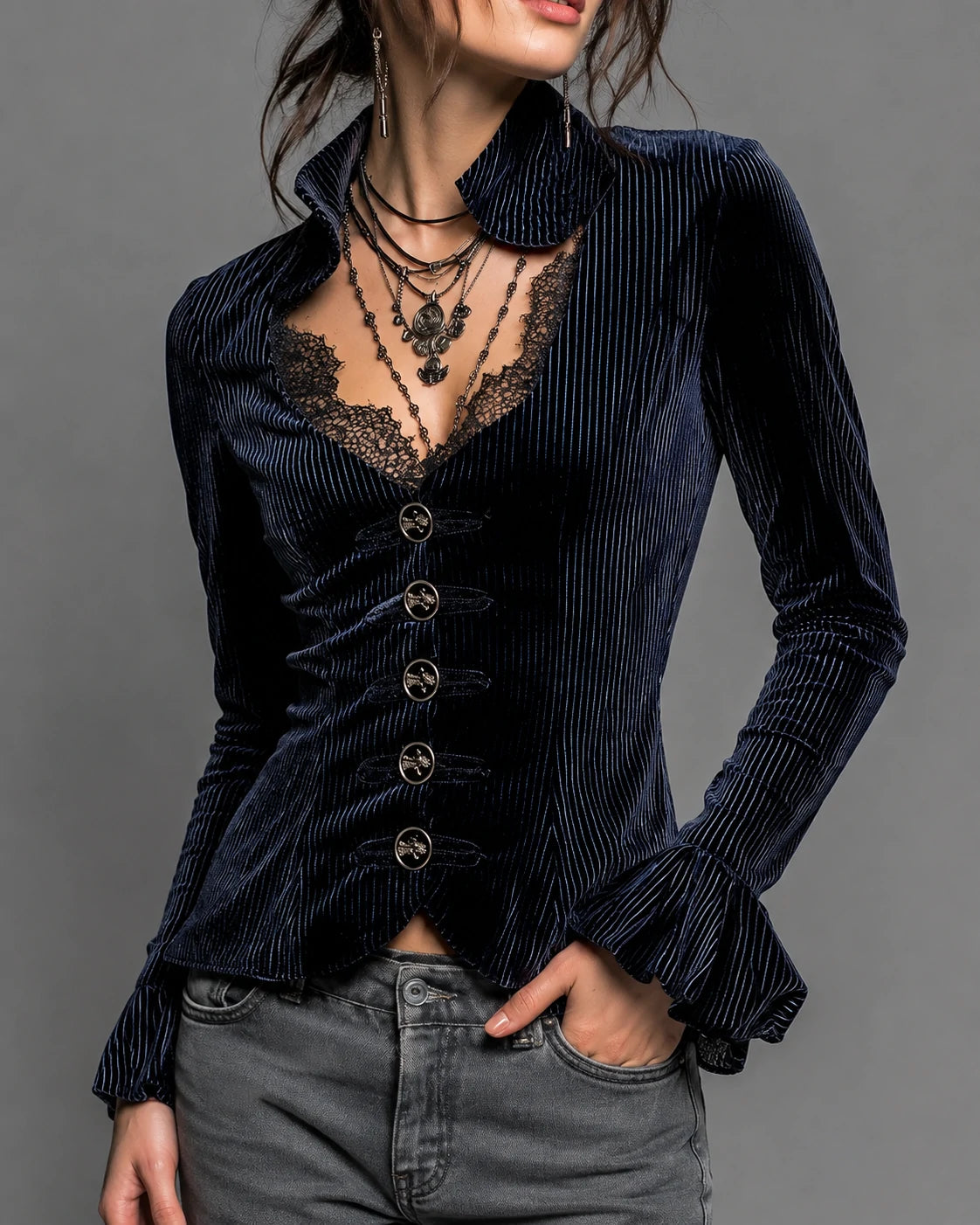 Lace V-neck Flared Cuffs Vintage Velvet Shirt