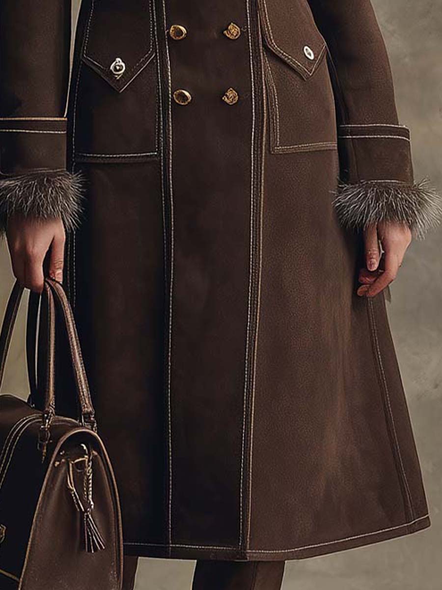 Vintage Brown Eco-Suede Double-Breasted Coat With Faux Fur Collar