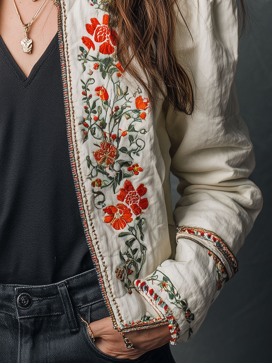 Vintage Puff Sleeve Floral Embroidered Jacket