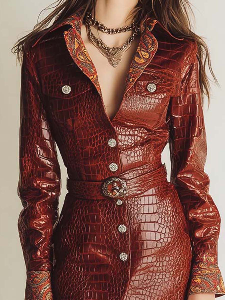 Vintage Western Eco-Crocodile Textured Leather Shirt Dress