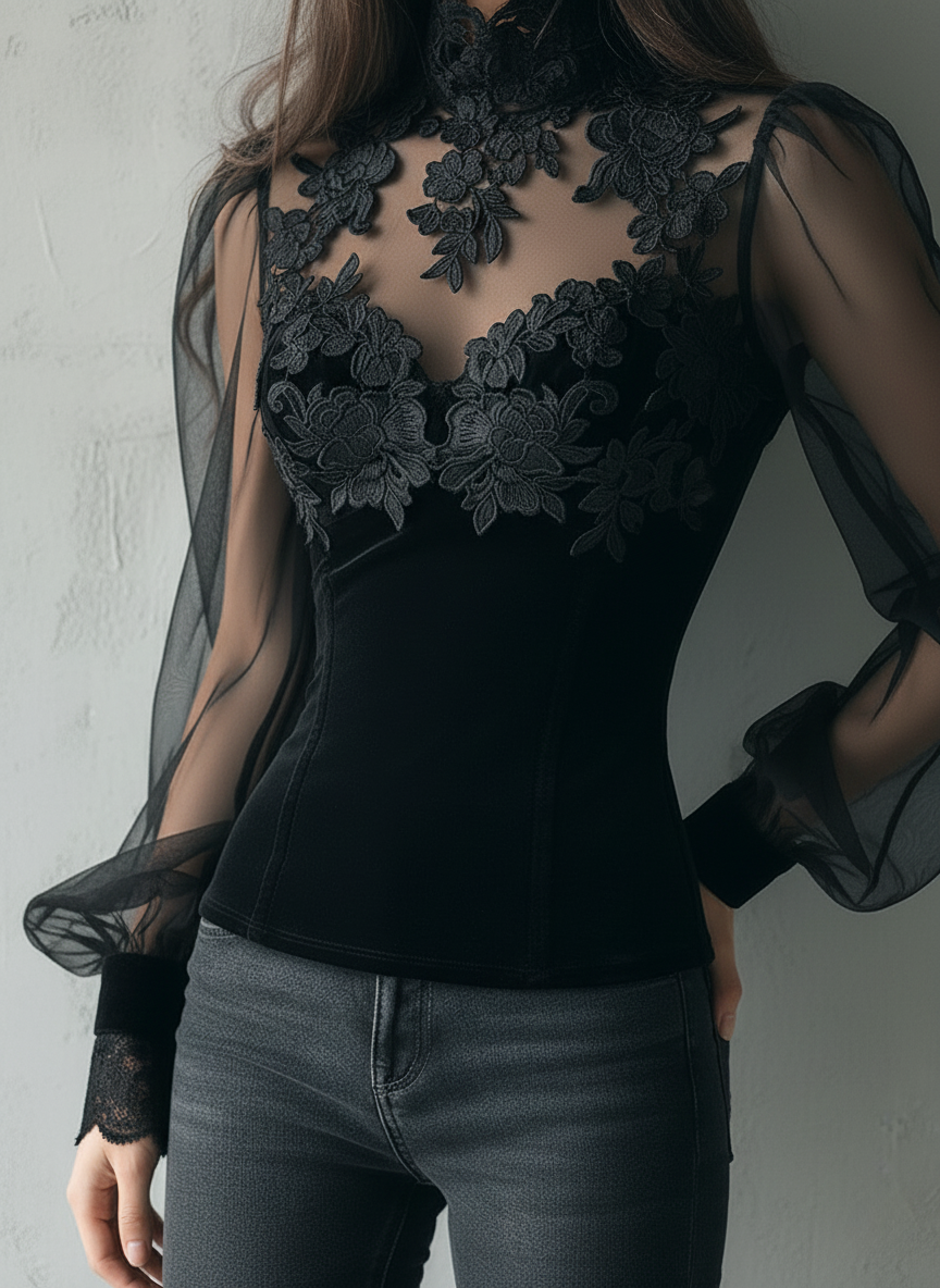 Elegant Black Velvet Lace Sheer Balloon Sleeve Blouse