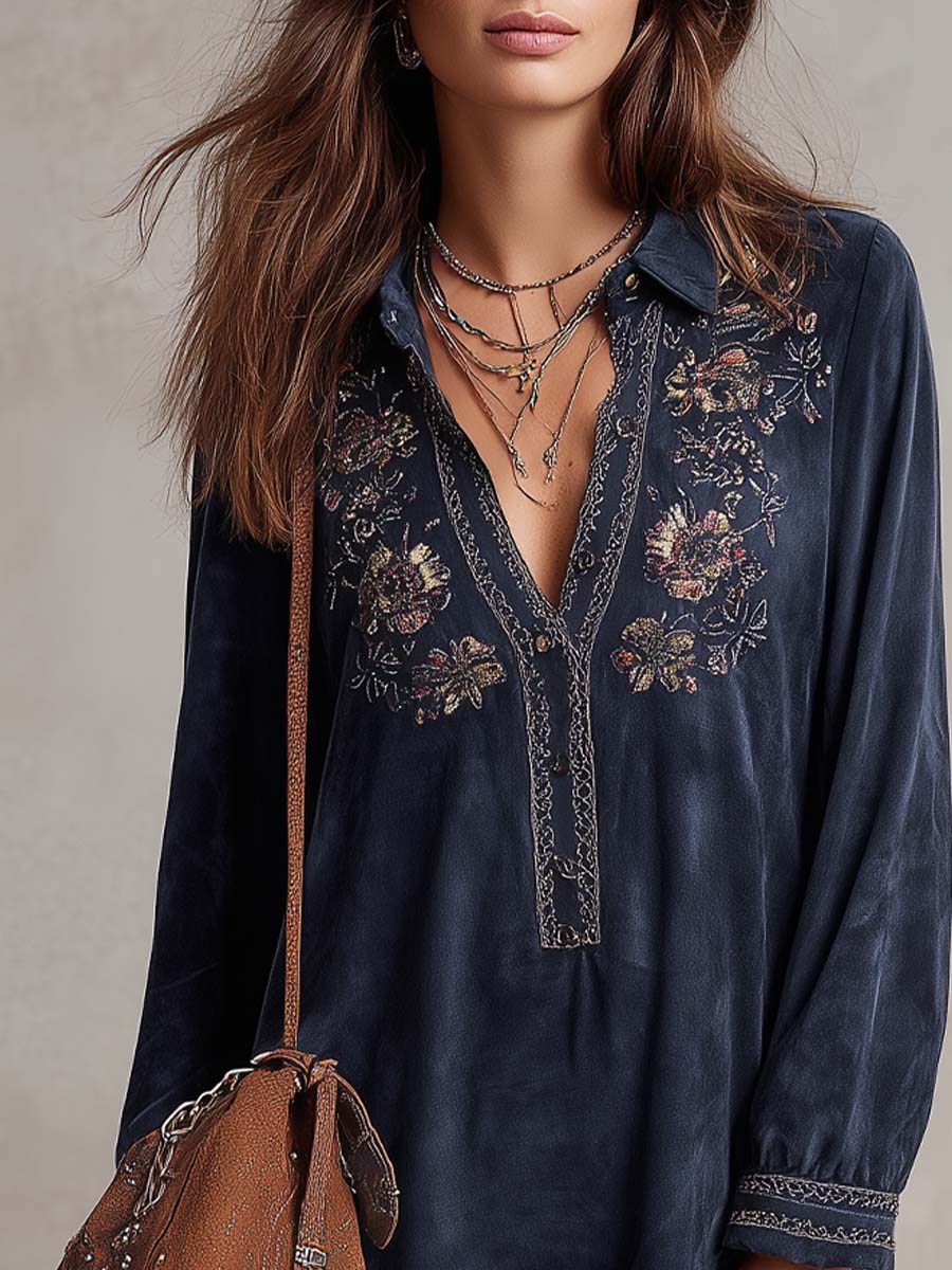 Vintage Embroidered Polyester Velvet Mini Dress