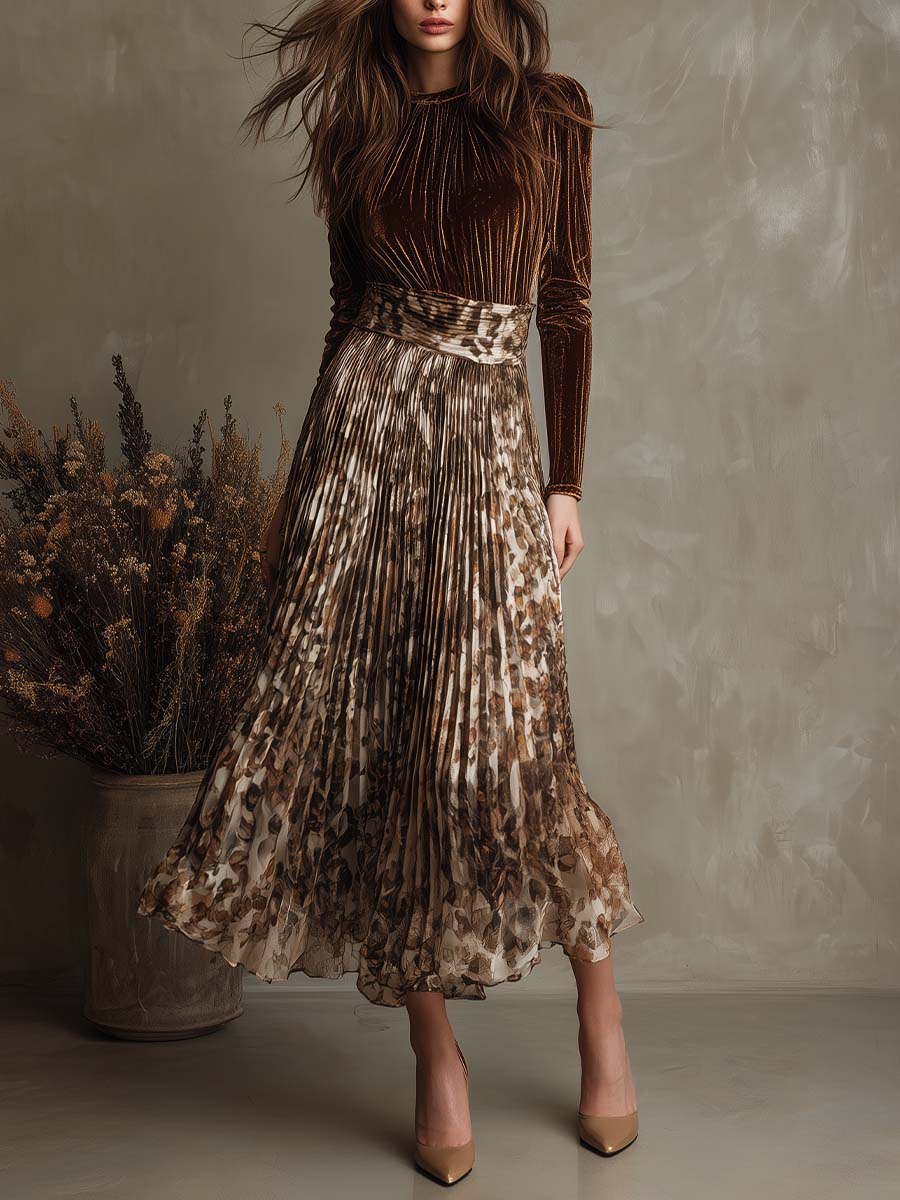 Velvet And Pleated Chiffon Patchwork Midi Dress With Earth-Tone Print