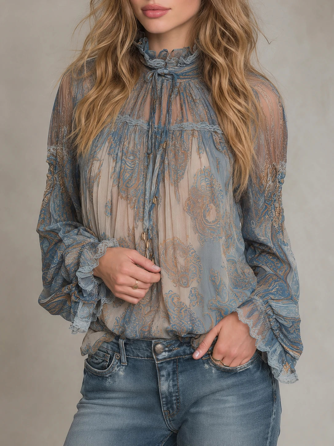 Vintage Sheer Paisley Ruffle Blouse