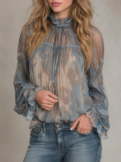 Vintage Sheer Paisley Ruffle Blouse
