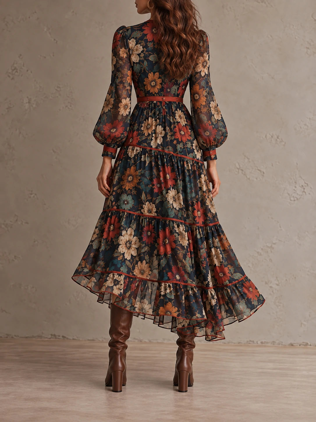 Vintage Floral Balloon-Sleeve Tiered Midi Dress