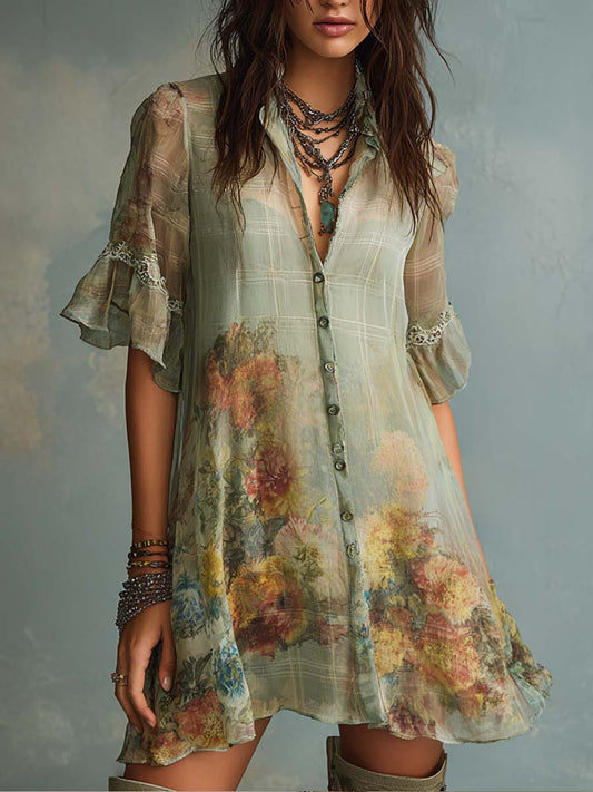 Retro Plaid Mixed Floral Print Chiffon Mini Dress
