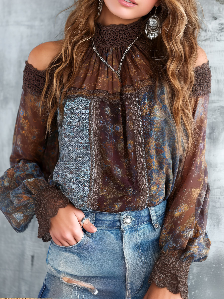 Boho Vintage Cold-Shoulder Sheer Floral Lace Patchwork Blouse