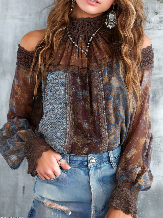 Boho Vintage Cold-Shoulder Sheer Floral Lace Patchwork Blouse