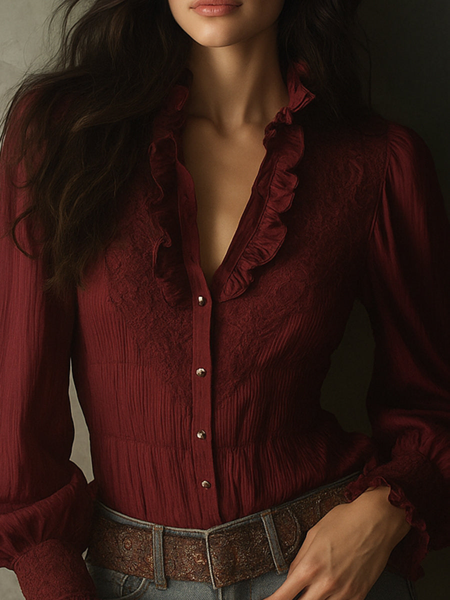 Elegant Lace Ruffle Bell Sleeves Pleated Chiffon Blouse