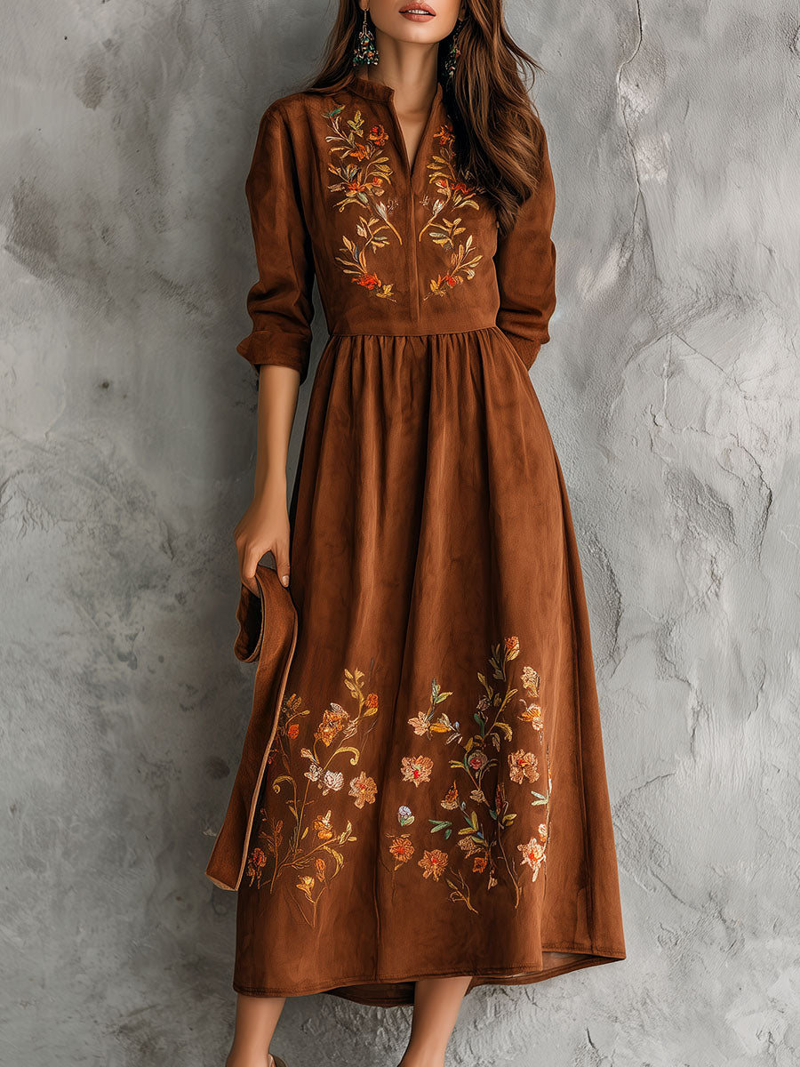 Vintage Brown Floral Embroidered Suede Midi Dress – BCSHARED