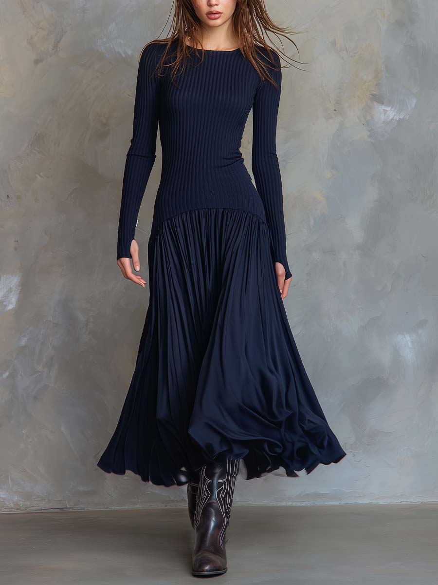 Ribbed Knit And Pleated Chiffon Midi Dress