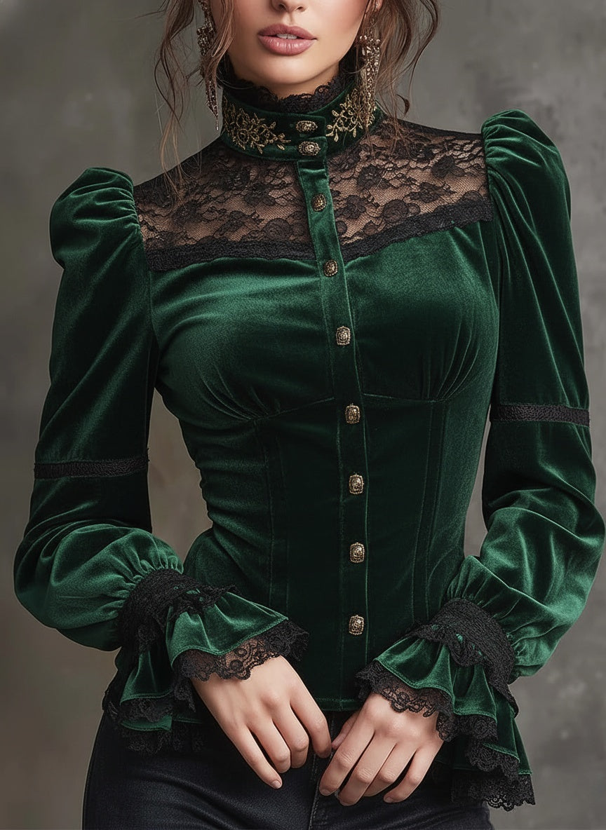 Emerald Velvet & Lace Victorian Blouse