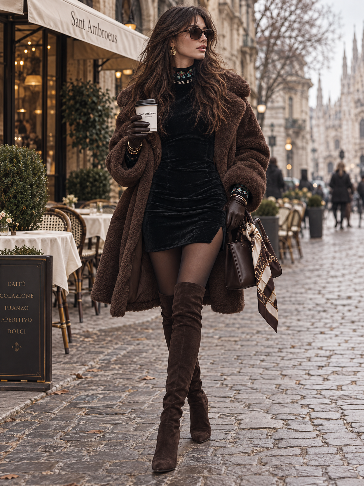 Vintage Floral Embroidery Faux Suede Mini Dress with Side-slit Hem