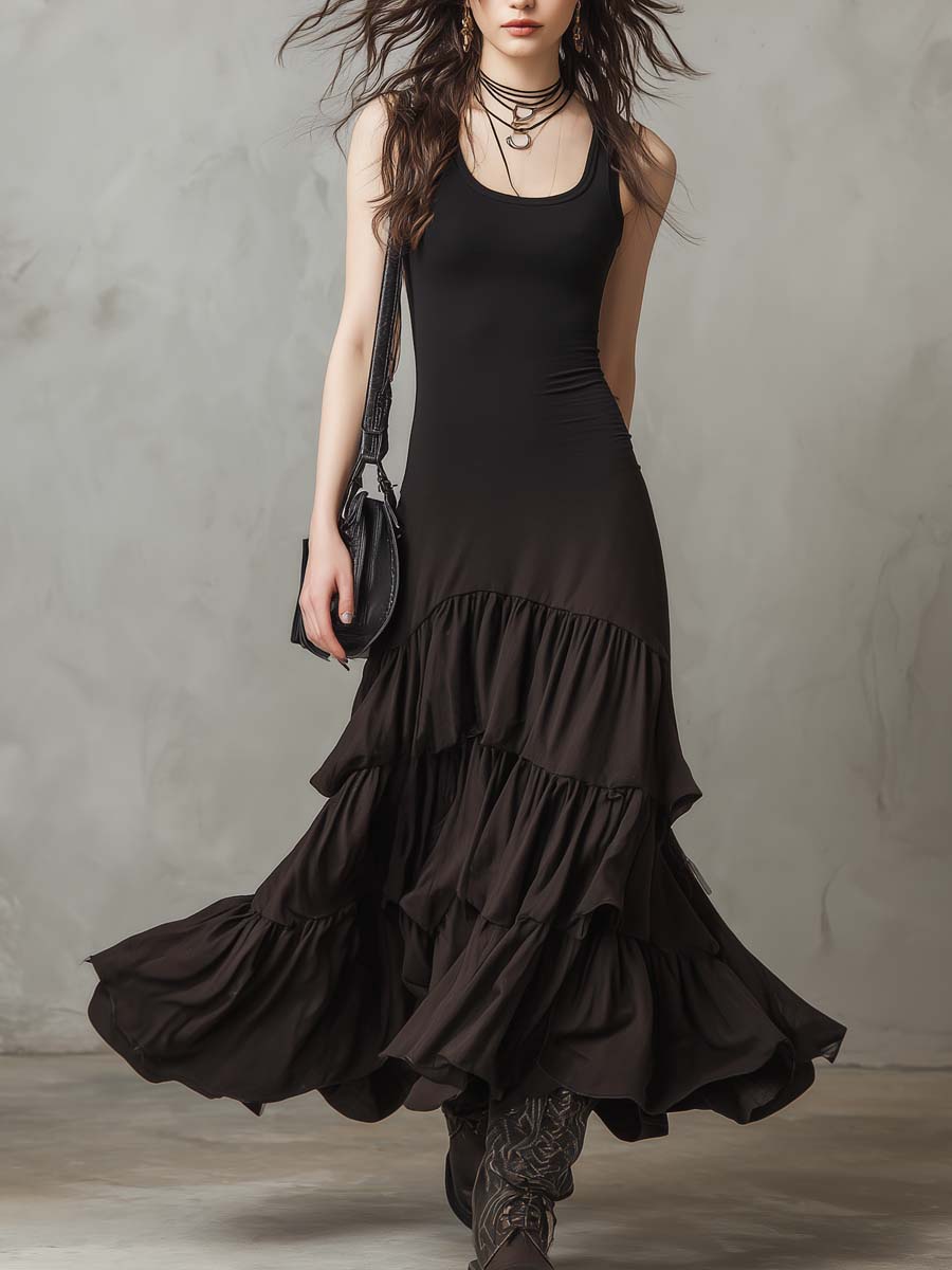 Retro Layered Ruffle Hem Midi Dress