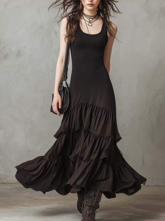 Retro Layered Ruffle Hem Midi Dress