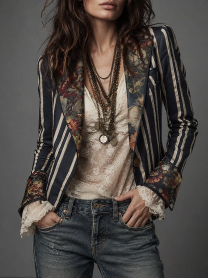 Bohemian Floral Print Cotton And Linen Striped Blazer